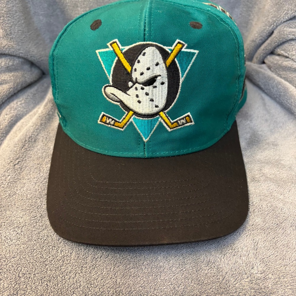 VTG 90s Anaheim Mighty Ducks Blockhead Snapback Hat Disney Store Teal Black